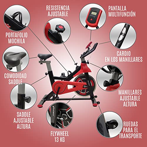 FFitness Indoor Spinning Bike Cycling Bicicleta para entrenamiento en casa con almohadilla de fieltro, cardio y volante, rojo, 13 kg