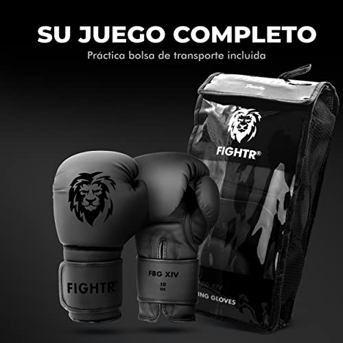 FIGHTR Guantes de Boxeo, Ideales para Estabilidad y Fuerza de Impacto, Guantes para Boxeo, MMA, Muay Thai, Kickboxing y Artes Marciales, Incluye Bolsa de Transporte (All Black, 12 oz)