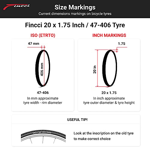 Fincci Set Par Cubiertas 20 x 1.75 Pulgadas Neumático 47-406 Cubierta con Camara de Aire Schrader Válvula Interior Carretera para BMX MTB o Niños Bici Bicicleta Neumatico 20x1.75