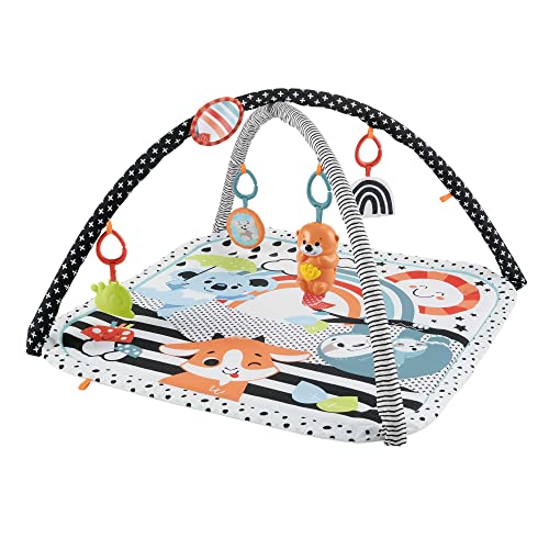 Fisher-Price Gimnasio de Actividades Musicales 3 en 1, estampado animalitos divertidos, manta para bebé recién nacido con accesorios (Mattel HBP41)