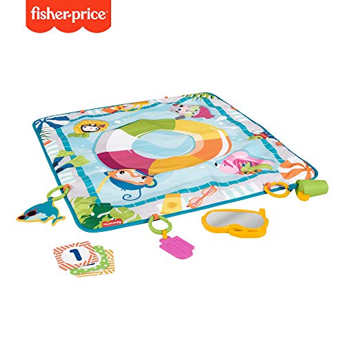 Fisher-Price Manta de actividades para bebé decorado como piscina. Incluye mordedor, espejito snorkel, sonajero limonada y tiburón que cruje (Mattel GRR44)