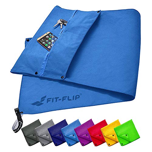 Fit-Flip Juego de Toallas Fitness con Compartimento con Cremallera + Clip magnético + Toalla de Deporte Extra – Toalla Multi Funcional Pendiente de Patente, Toalla de Microfibra – Azul