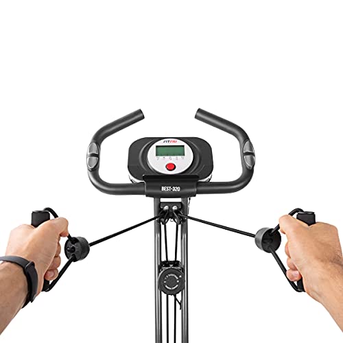 FITFIU Fitness BEST-320 - Bicicleta Estática plegable con respaldo y cuerdas elásticas modalidad remo, disco de inercia de 8 kg, Pulsómetro, 8 niveles de resistencia, peso máx 120 kg