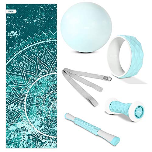 FITFIU Fitness KITWELL 600 Pack de 6 Accesorios Pilates Que Incluye Esterilla, Pelota, Rueda, masajeador de pie, Barra de Masaje y Correa de Yoga, Unisex Adulto, Azul