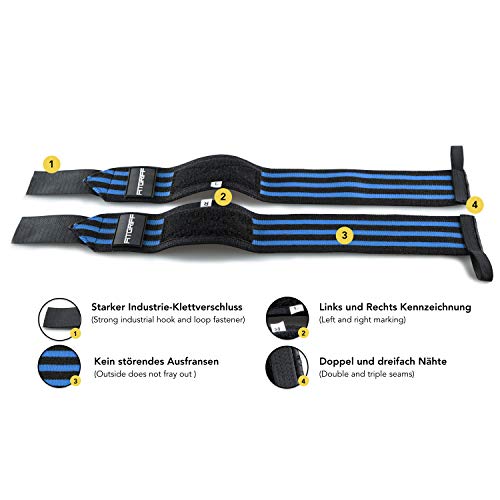 Fitgriff® Muñequeras Gym, Deportivas, Musculación, Gimnasio, Calistenia, Wrist Wraps - Mujeres y Hombres (Black/Blue)