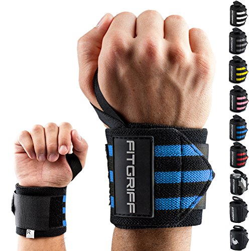 Fitgriff® Muñequeras Gym, Deportivas, Musculación, Gimnasio, Calistenia, Wrist Wraps - Mujeres y Hombres (Black/Blue)