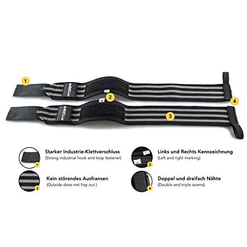 Fitgriff® Muñequeras Gym, Deportivas, Musculación, Gimnasio, Calistenia, Wrist Wraps - Mujeres y Hombres - Black/Grey