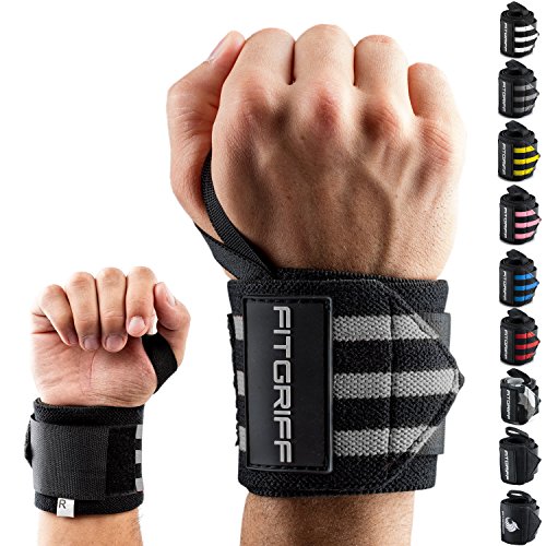 Fitgriff® Muñequeras Gym, Deportivas, Musculación, Gimnasio, Calistenia, Wrist Wraps - Mujeres y Hombres - Black/Grey