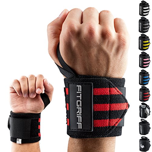 Fitgriff® Muñequeras Gym, Deportivas, Musculación, Gimnasio, Calistenia, Wrist Wraps - Mujeres y Hombres (Black/Red)