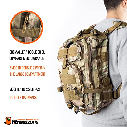 FitnessZone | Mochila Militar de 25 Litros | Mochila de Crossfit con 4 Compartimentos | Bolsa Táctica de Asalto con Sistema Molle | Perfecta para Trekking, Senderismo, Acampadas o Viajes