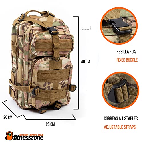 FitnessZone | Mochila Militar de 25 Litros | Mochila de Crossfit con 4 Compartimentos | Bolsa Táctica de Asalto con Sistema Molle | Perfecta para Trekking, Senderismo, Acampadas o Viajes