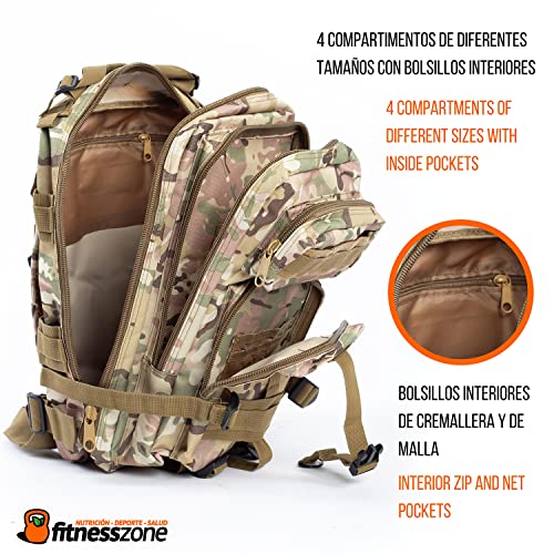 FitnessZone | Mochila Militar de 25 Litros | Mochila de Crossfit con 4 Compartimentos | Bolsa Táctica de Asalto con Sistema Molle | Perfecta para Trekking, Senderismo, Acampadas o Viajes