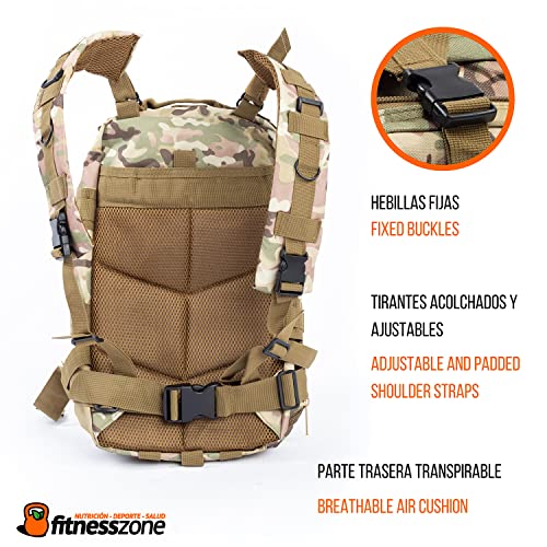 FitnessZone | Mochila Militar de 25 Litros | Mochila de Crossfit con 4 Compartimentos | Bolsa Táctica de Asalto con Sistema Molle | Perfecta para Trekking, Senderismo, Acampadas o Viajes