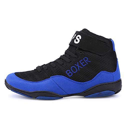 FJJLOVE Zapatos De Lucha Libre, Ligeros Transpirables Boxeo/Botas De Lucha Suela De Goma Entrenamiento Zapatillas Deportivas para Hombres Mujeres Niños Niños Adolescentes,Azul,42