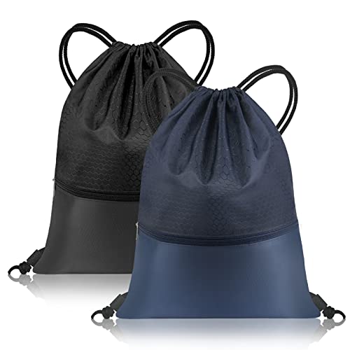 flintronic Gimnasio Mochila con cordón Bolsa,Mochila de Cuerda,(Talla 48 * 41CM) Bolsa de Deporte Gimnasia para Deporte, Escolar, Gimnasio, Viaje, Playa -2PCS(Negro+Azul Marino)