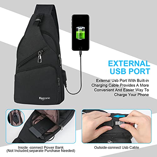 flintronic Sling Bag, Bolsa de Pecho con Puerto de Carga USB, 19 * 32.5 * 10.5cm Mochila de Viaje para Hombres y Mujeres (incluye 1 cable USB + 1 Gancho de Escalada)-Negro