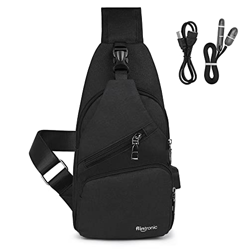 flintronic Sling Bag, Bolsa de Pecho con Puerto de Carga USB, 19 * 32.5 * 10.5cm Mochila de Viaje para Hombres y Mujeres (incluye 1 cable USB + 1 Gancho de Escalada)-Negro