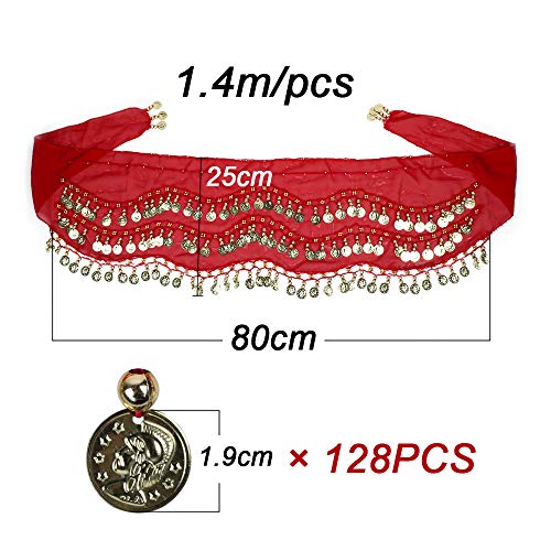 FLOFIA 1pc Cinturón Danza del Vientre Mujer Bufanda Pañuelo de cCintura Cadera Falda para Danza Baile Oriental con 128 Monedas Lentejuelas Belly Dance Scarf Belt - Rojo