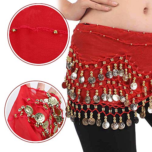 FLOFIA 1pc Cinturón Danza del Vientre Mujer Bufanda Pañuelo de cCintura Cadera Falda para Danza Baile Oriental con 128 Monedas Lentejuelas Belly Dance Scarf Belt - Rojo