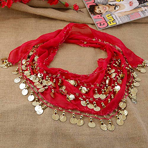 FLOFIA 1pc Cinturón Danza del Vientre Mujer Bufanda Pañuelo de cCintura Cadera Falda para Danza Baile Oriental con 128 Monedas Lentejuelas Belly Dance Scarf Belt - Rojo