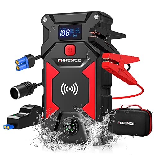 FNNEMGE Arrancador de Coches,2500A Peak 24800mAh 12V Super Safe Jump Starter (para Todo vehículo de Gasolina o 8.0L de Diesel), con Cargador inalámbrico de 10W, Carga rápida USB 3.0 (2500A/24800mAh)