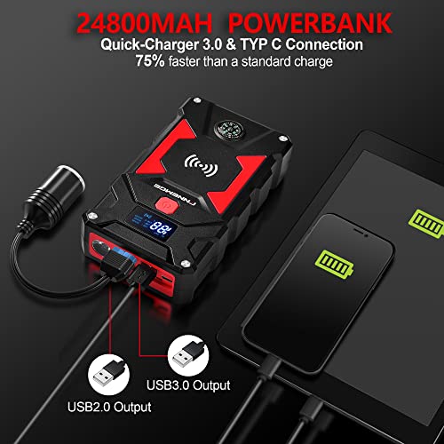 FNNEMGE Arrancador de Coches,2500A Peak 24800mAh 12V Super Safe Jump Starter (para Todo vehículo de Gasolina o 8.0L de Diesel), con Cargador inalámbrico de 10W, Carga rápida USB 3.0 (2500A/24800mAh)