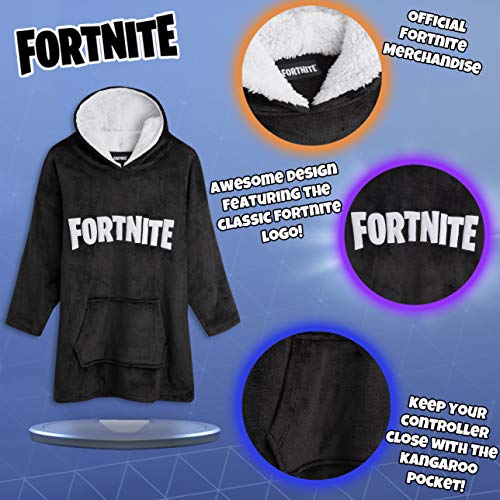 Fortnite Sudadera Manta con Capucha, Sudaderas de Forro Polar Super Suave Invierno, Bata de Estar por Casa, Regalos para Niños y Adolescentes 7- 14 Años (Negro)