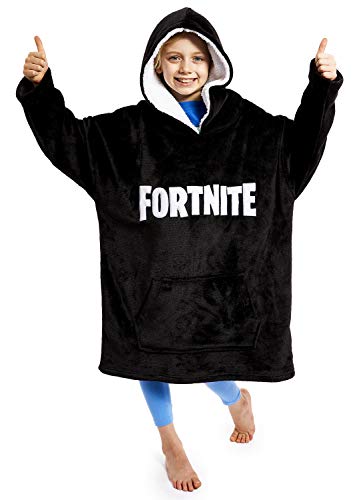 Fortnite Sudadera Manta con Capucha, Sudaderas de Forro Polar Super Suave Invierno, Bata de Estar por Casa, Regalos para Niños y Adolescentes 7- 14 Años (Negro)