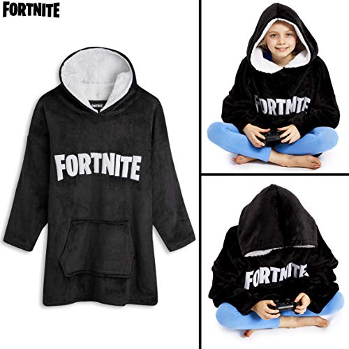 Fortnite Sudadera Manta con Capucha, Sudaderas de Forro Polar Super Suave Invierno, Bata de Estar por Casa, Regalos para Niños y Adolescentes 7- 14 Años (Negro)