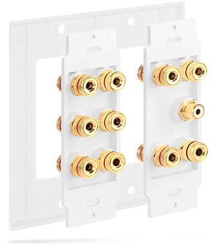 Fosmon [2-Gang 5.1 Surround Distribution] Home Theater Wall Plate - Premium Quality Gold Plated Copper Banana Binding Post Coupler Type Wall Plate for 5 Speakers and 1 RCA Jack for Subwoofer (White)