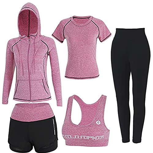 FRECINQ Conjuntos Deportivos para Mujer 5 Piezas Suave Transpirable Cómodo Mujer Chándales Ropa de Correr Yoga Fitness Pilates (M, Rosa #1)