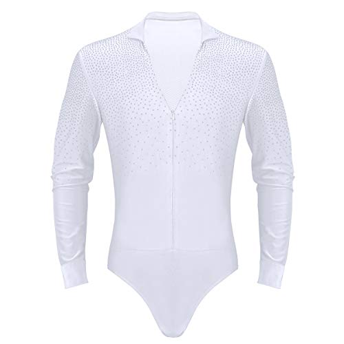 Freebily Leotardo Hombre de Danza Latina Tango Rumba Patinaje Maillot Brillo Manga Larga de Gimnasia Fitness Práctica Bodysuit Monos Cuello en V Blanco Medium