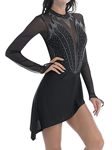 Freebily Vestido Lentejuelas de Baile Latino para Mujer Vestido Manga Larga de Patinaje Artistico Maillot de Gimnasia Ritmica Ropa de Baile Mujer Negro M