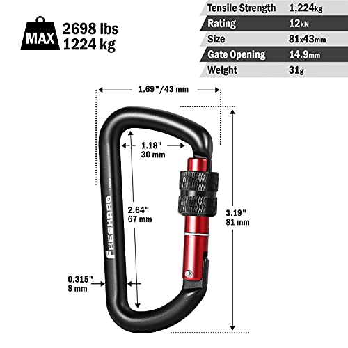 FresKaro NUEVOS Clips de Mosquetón de Bloqueo de 3 Piezas, Resistencia a la Tracción 1224kg, Mosquetones de Aluminio, para Hamacas, Columpios de Yoga, Camping, Llavero, Perros de Bloqueo, Negro