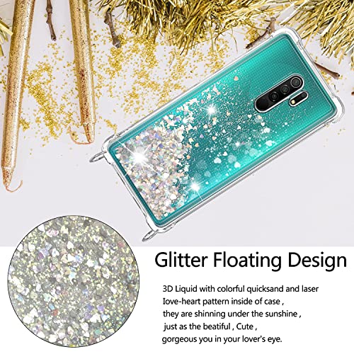 Funda con Cuerda para Xiaomi Redmi 9, Carcasa Brillante Glitter Transparente TPU Silicona Protección Case con Ajustable Colgante Correa de Cuello Cadena Cordón, Caso de Arena movediza in Oro Rosa