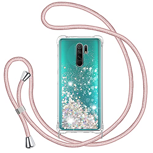 Funda con Cuerda para Xiaomi Redmi 9, Carcasa Brillante Glitter Transparente TPU Silicona Protección Case con Ajustable Colgante Correa de Cuello Cadena Cordón, Caso de Arena movediza in Oro Rosa