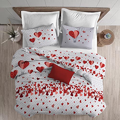 Funda nórdica de corazones y globos | Juego de funda nórdica + fundas de almohada | Fabricado en Italia | Funda nórdica moderna 100% algodón - 2 plazas - Rojo