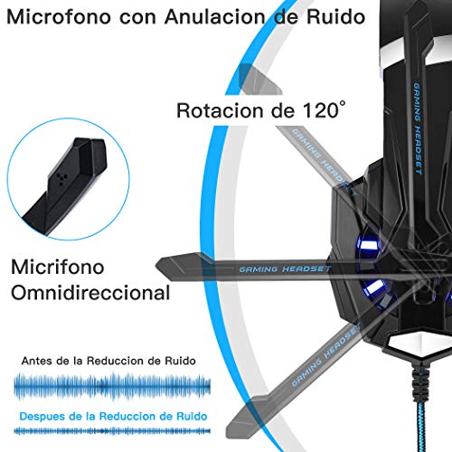 FUNINGEEK Auriculares Gaming PS4,Cascos Gaming de Mac Estéreo con Micrófono Cascos Gaming 3.5mm Jack con Luz LED Bass Surround y Cancelación de Ruido Auriculares Compatible con PC/Xbox One/Switch