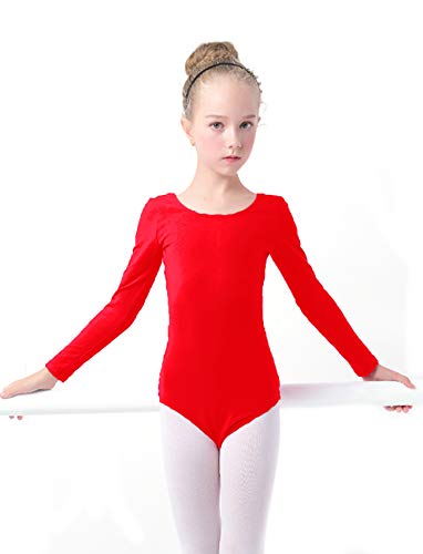 furein Maillot de Danza Ballet Gimnasia Leotardo Body Clásico Elástico para Niña de Manga Larga Cuello Redondo (6 años, Rojo)