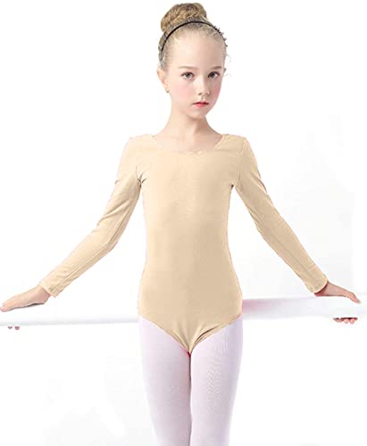 furein Maillot de Danza Ballet Gimnasia Leotardo Body Clásico Elástico para Niña de Manga Larga Cuello Redondo (8 años, Carne)