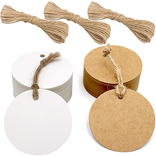 G2PLUS 200PCS Etiquetas Kraft Etiquetas Etiquetas de Regalo 5.5x5.5cm Etiqueta Redonda Etiqueta de Navidad para Bodas,Cumpleaños y Navidad,con 30M de Cordel de Yute