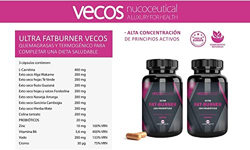 Garcinia Cambogia con L-Carnitina y Té Verde - Ultra Fat Burner - Con Probióticos Intestinales para Favorecer la Digestión - Efecto Saciante y Termogénico - Complemento Alimenticio