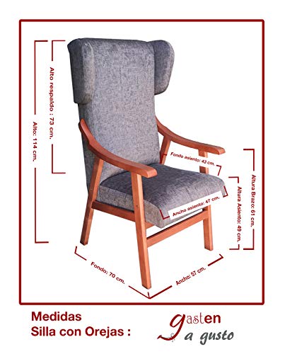 Gasten a gusto Silla con Brazos y Orejas apoya-Cabeza. Madera Color: Cerezo (Medidas: 117 * 69 * 57 cm) Tela Antimanchas: para Personas Mayores o geriátrico. Prótesis de Cadera. Gris