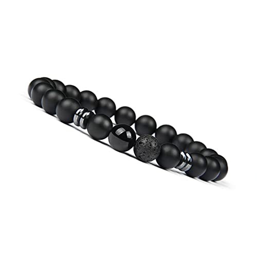 GD GOOD.designs EST. 2015 Pulsera Chakra con cuenta de piedra de lava, pulsera de bolas, con cuenta de jaspe, piedra natural de ónix, Negro, 16 centimetros