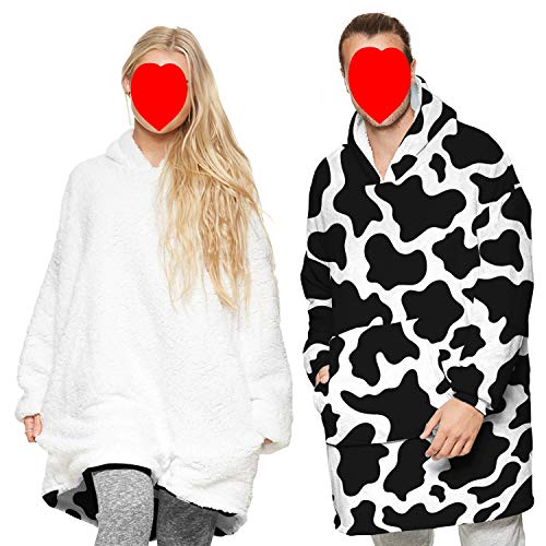 Geagodelia Manta de gran tamaño con capucha y forro polar esponjoso para hombres, mujeres, niños, manta con capucha con bolsillo frontal grande para familia a juego, Blanco y negro - Vaca, Talla única