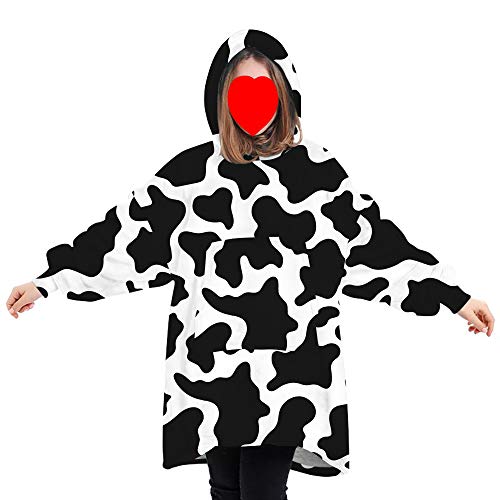 Geagodelia Manta de gran tamaño con capucha y forro polar esponjoso para hombres, mujeres, niños, manta con capucha con bolsillo frontal grande para familia a juego, Blanco y negro - Vaca, Talla única