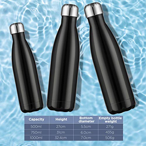 GeeRic Botella Termica 500ml,botella termo acero inoxidable,Botella de agua + cepillo + bolsa portátil Soporte para botella de agua deportiva Se utiliza para acampar, escuela, deportes, gimnasio negro