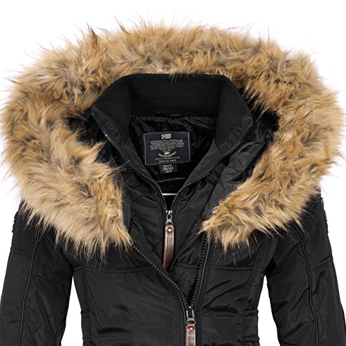 Geographical Norway BEAUTIFUL LADY - Parka cálida mujer - Abrigo grueso con capucha de piel falsa - Chaqueta de invierno - Chaqueta larga con forro cálido - Regalo para mujer Moda casual (Negro M)