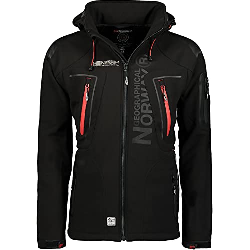 Geographical Norway TECHNO MEN - Chaqueta Softshell Impermeable Hombres - Capucha Hombre Transpirable Exteriores - Chaqueta Invierno Viento - Actividades Ideales Para Exteriores (NEGRO L)