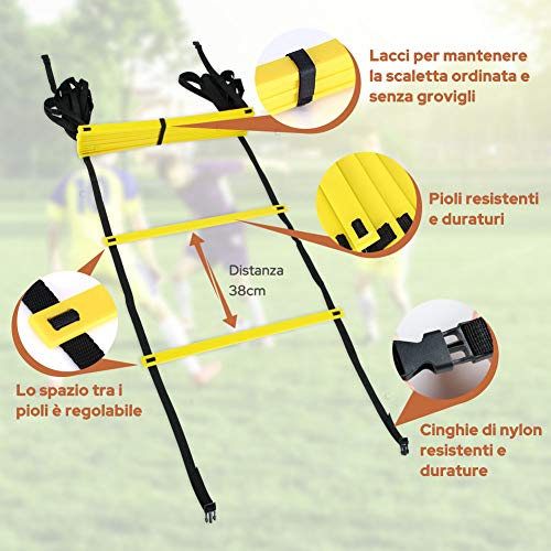 GHB - Escalera de agilidad de 6 m para entrenamiento de fútbol, ejercicios de velocidad, fitness, 12 travesaños, con funda portátil regulable, color amarillo